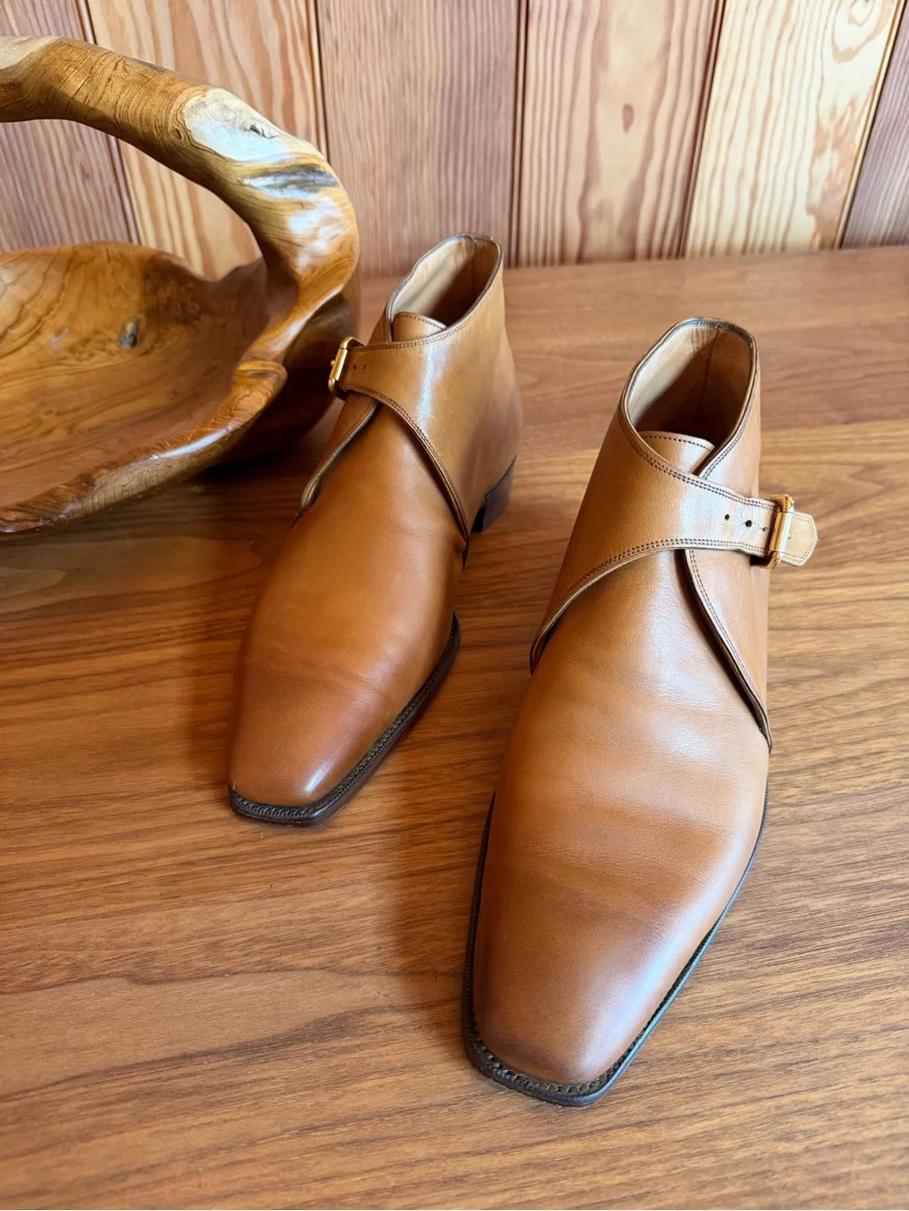 Ralph Lauren Purple Label Tan Leather Chukka Boots with Buckle